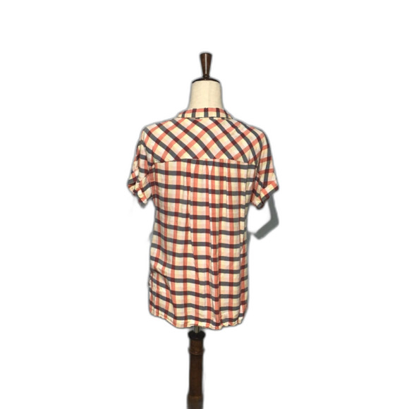 Blue Orange Plaid Rayon Button-Up Shirt with Pockets M - Picture 5 of 8